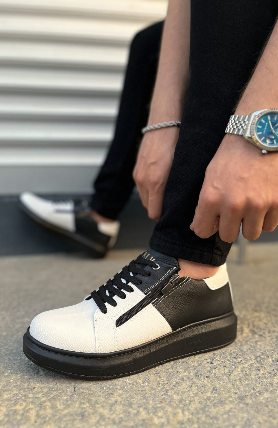 JY155 Warrior Bağcıklı ve Fermuarlı Cilt Erkek Günlük Sneaker Ayakkabı CST - Siyah/Beyaz