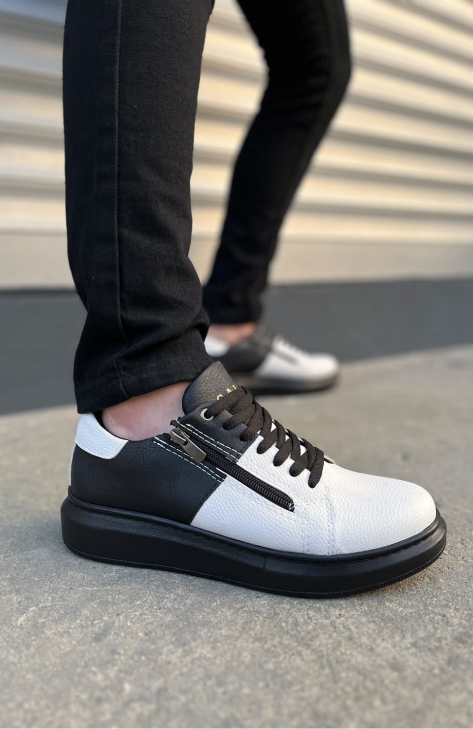 JY155 Warrior Bağcıklı ve Fermuarlı Cilt Erkek Günlük Sneaker Ayakkabı CST - Siyah/Beyaz