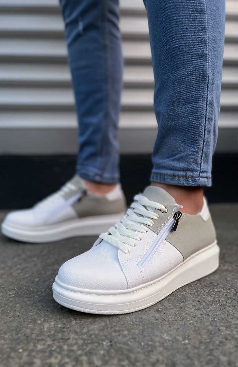 JY155 Warrior Bağcıklı ve Fermuarlı Cilt Süet Erkek Günlük Sneaker Ayakkabı CSBT - Beyaz/Gri