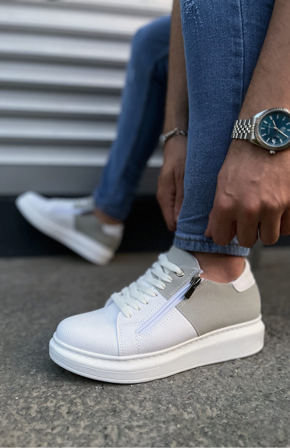 JY155 Warrior Bağcıklı ve Fermuarlı Cilt Süet Erkek Günlük Sneaker Ayakkabı CSBT - Beyaz/Gri