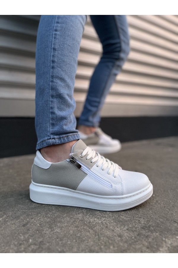 JY155 Warrior Bağcıklı ve Fermuarlı Cilt Süet Erkek Günlük Sneaker Ayakkabı CSBT - Beyaz/Gri