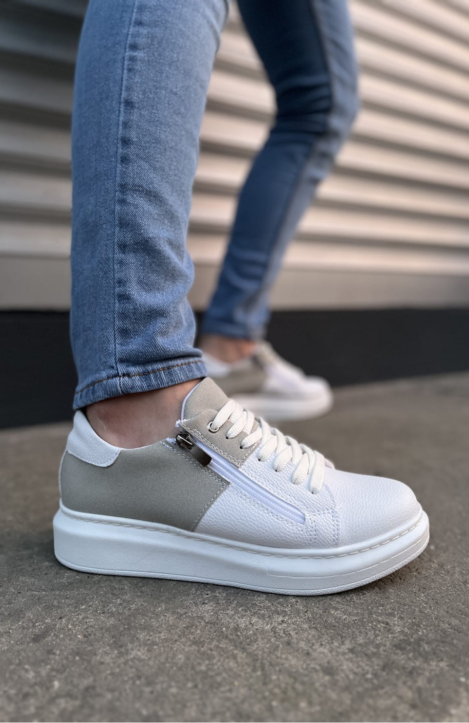 JY155 Warrior Bağcıklı ve Fermuarlı Cilt Süet Erkek Günlük Sneaker Ayakkabı CSBT - Beyaz/Gri