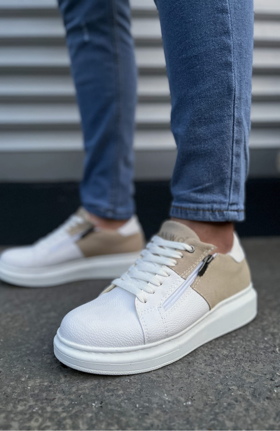 JY155 Warrior Bağcıklı ve Fermuarlı Cilt Süet Erkek Günlük Sneaker Ayakkabı CSBT - Beyaz/Krem