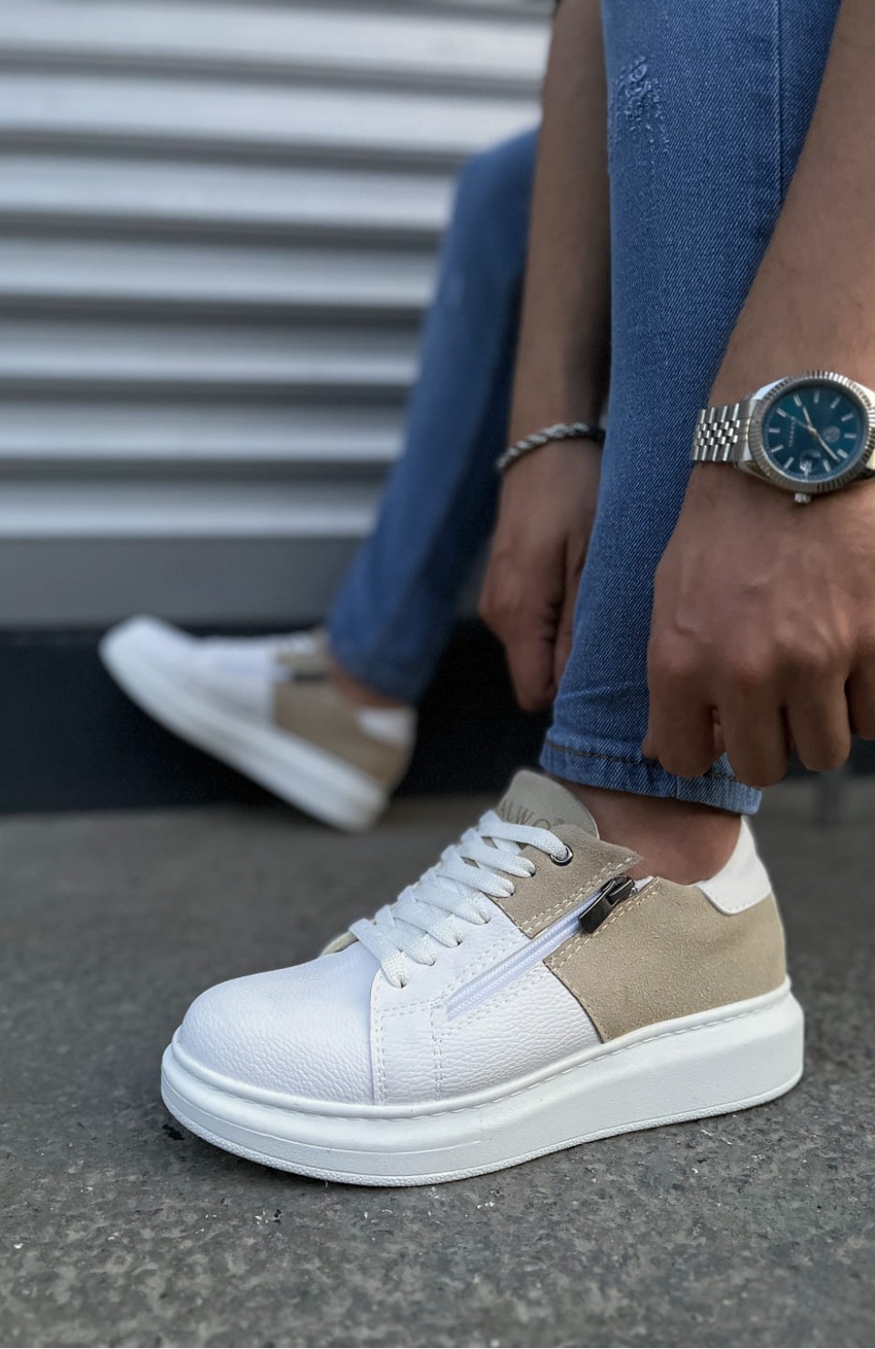 JY155 Warrior Bağcıklı ve Fermuarlı Cilt Süet Erkek Günlük Sneaker Ayakkabı CSBT - Beyaz/Krem