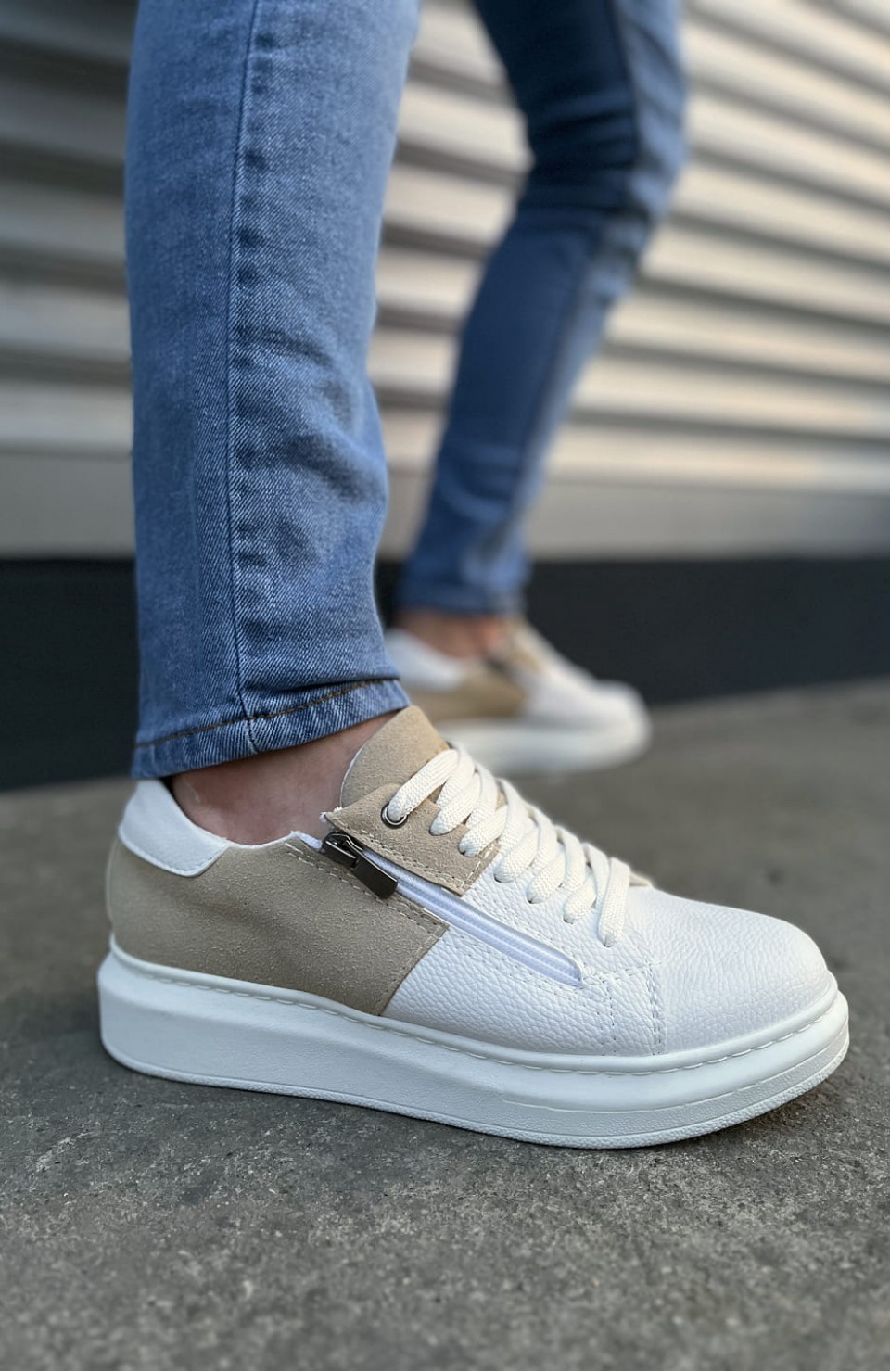 JY155 Warrior Bağcıklı ve Fermuarlı Cilt Süet Erkek Günlük Sneaker Ayakkabı CSBT - Beyaz/Krem