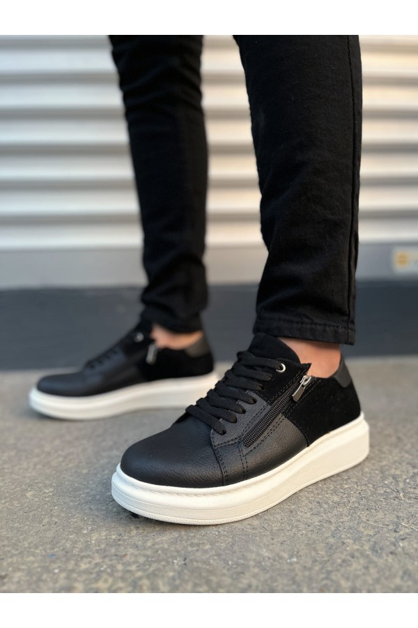JY155 Warrior Bağcıklı ve Fermuarlı Cilt Süet Erkek Günlük Sneaker Ayakkabı CSBT - Siyah