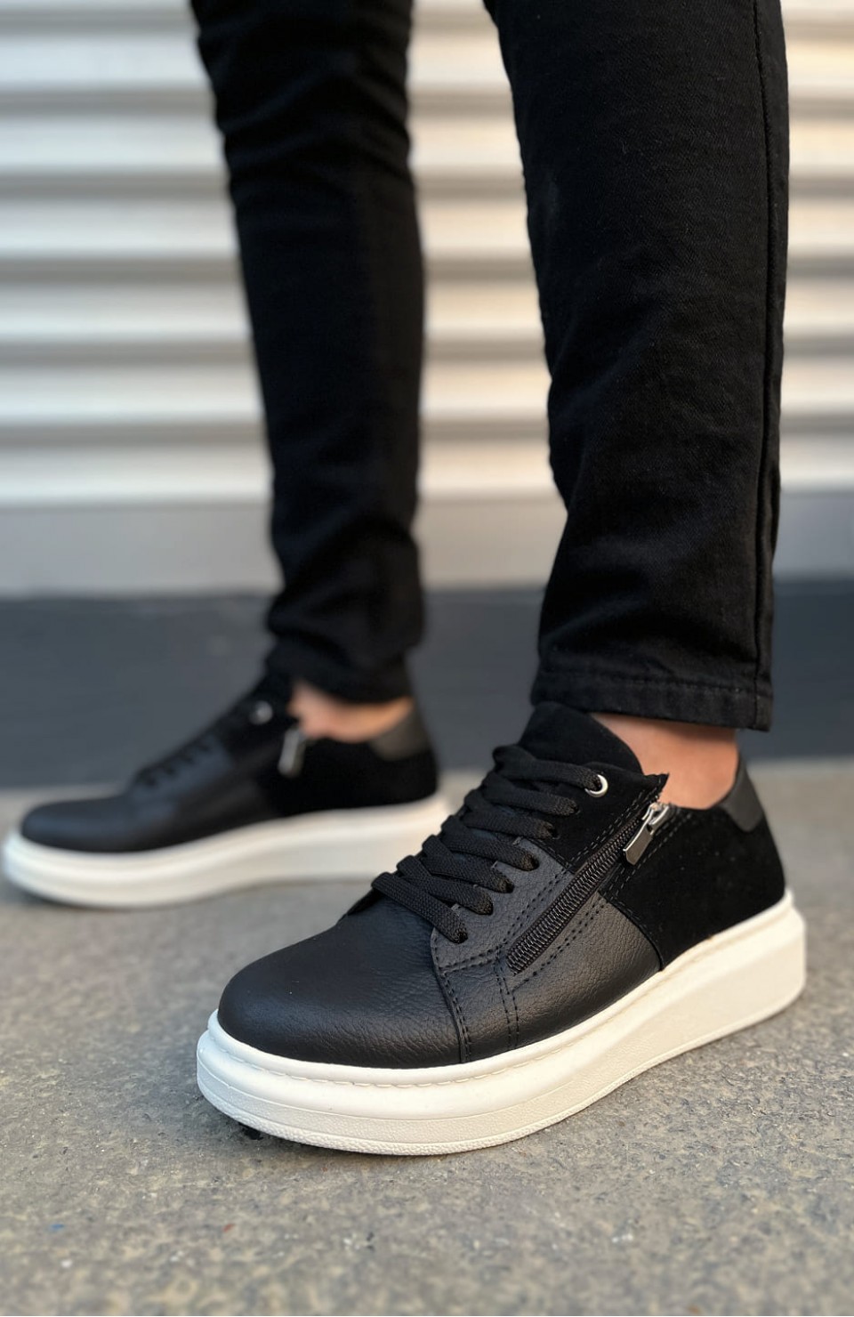 JY155 Warrior Bağcıklı ve Fermuarlı Cilt Süet Erkek Günlük Sneaker Ayakkabı CSBT - Siyah