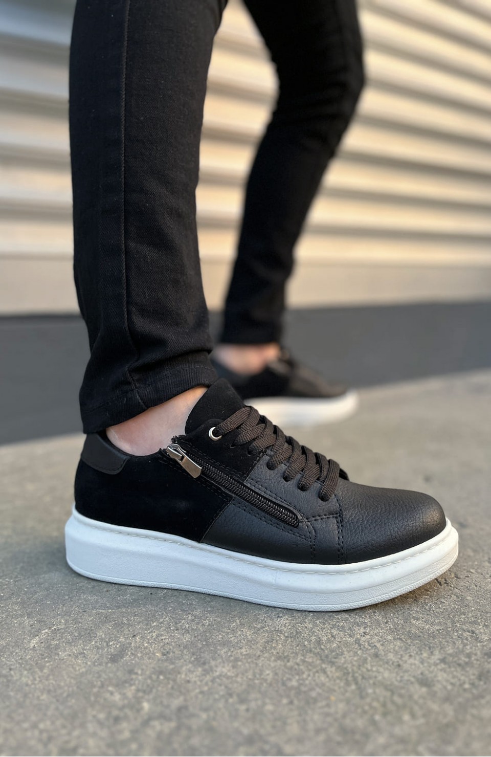 JY155 Warrior Bağcıklı ve Fermuarlı Cilt Süet Erkek Günlük Sneaker Ayakkabı CSBT - Siyah