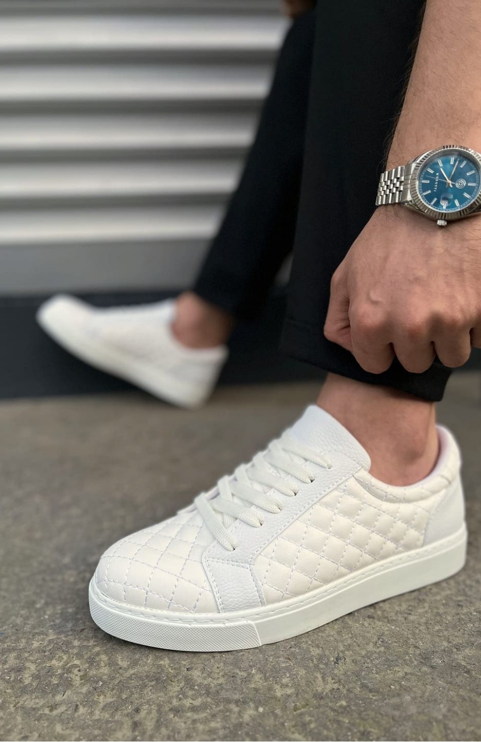 JY166 Prestige Bağcıklı Cilt Kapitone Desenli Erkek Günlük Sneaker Ayakkabı CBT - Beyaz