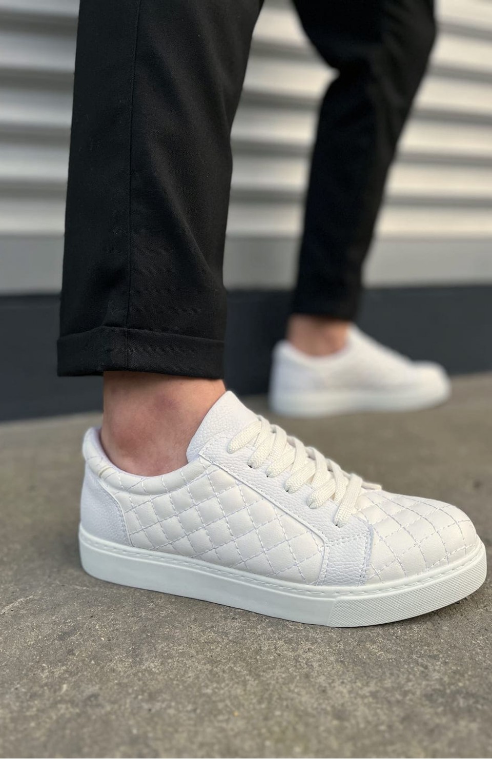 JY166 Prestige Bağcıklı Cilt Kapitone Desenli Erkek Günlük Sneaker Ayakkabı CBT - Beyaz