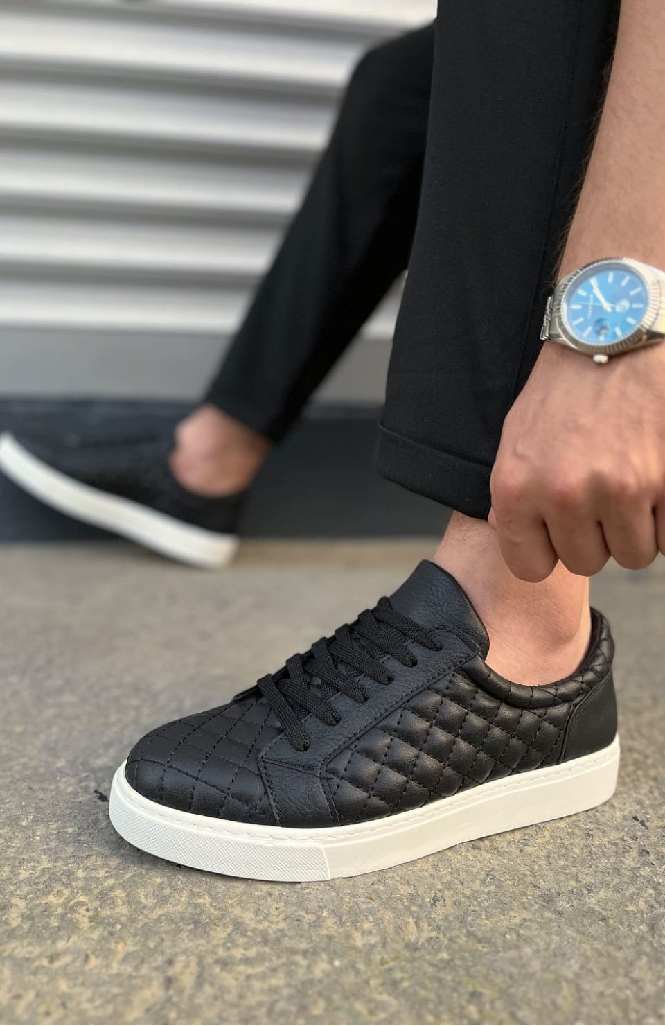 JY166 Prestige Bağcıklı Cilt Kapitone Desenli Erkek Günlük Sneaker Ayakkabı CBT - Siyah