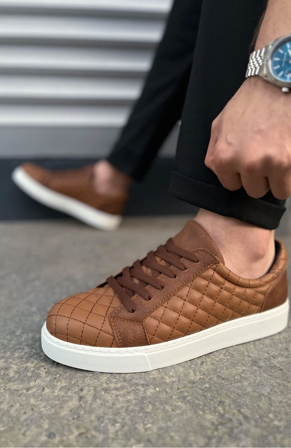 JY166 Prestige Bağcıklı Cilt Kapitone Desenli Erkek Günlük Sneaker Ayakkabı CBT - Taba