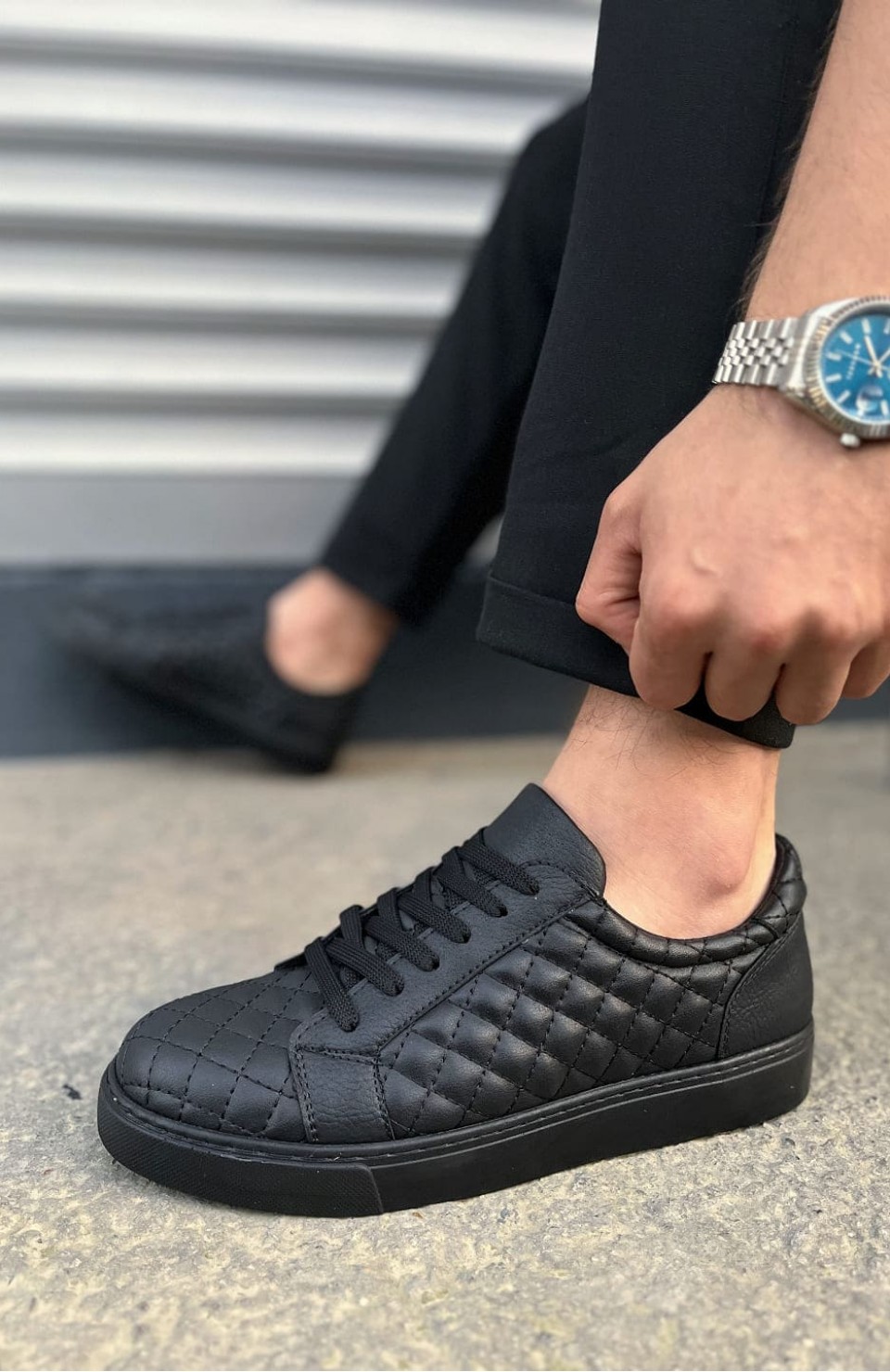 JY166 Prestige Bağcıklı Cilt Kapitone Desenli Erkek Günlük Sneaker Ayakkabı CST - Siyah