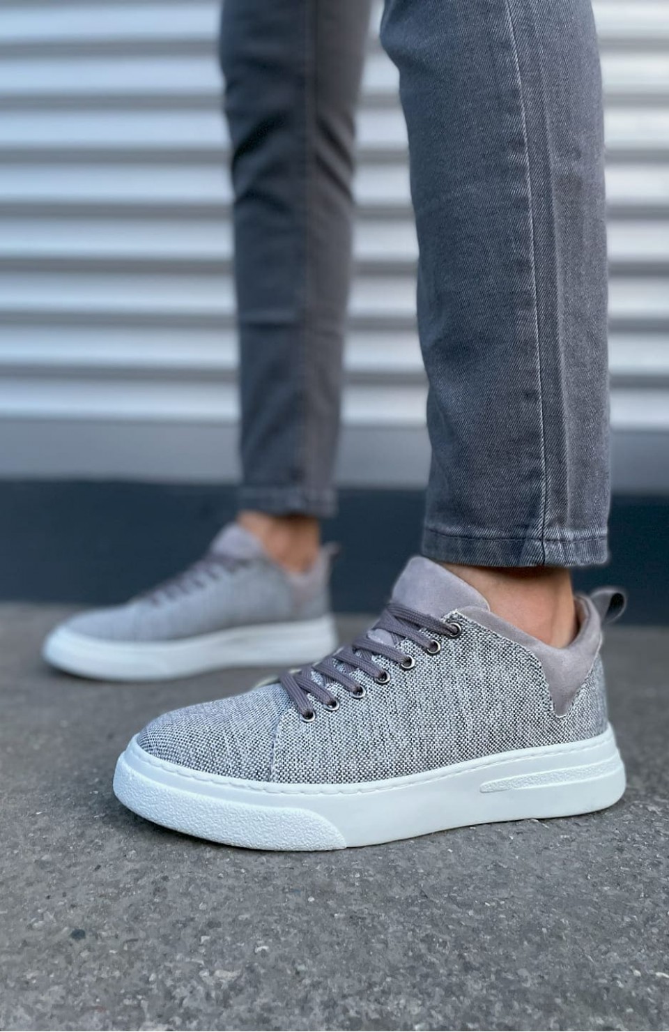 JY204 Flex Bağcıklı Keten Kumaş Erkek Günlük Sneaker Ayakkabı KBT - Gri