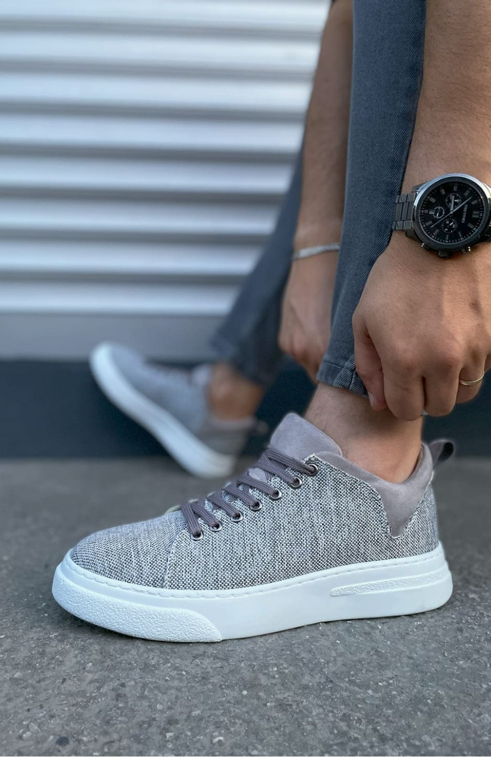 JY204 Flex Bağcıklı Keten Kumaş Erkek Günlük Sneaker Ayakkabı KBT - Gri