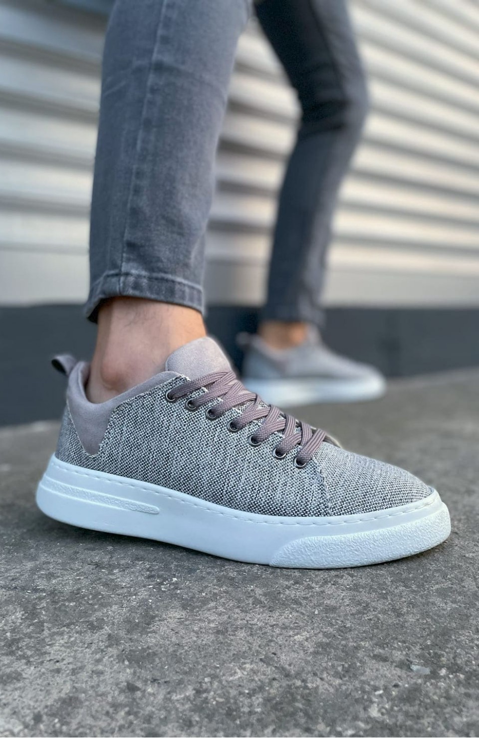 JY204 Flex Bağcıklı Keten Kumaş Erkek Günlük Sneaker Ayakkabı KBT - Gri