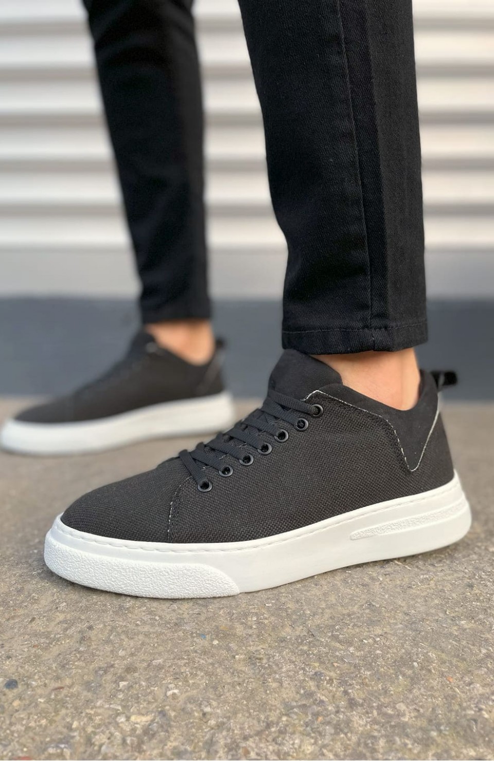JY204 Flex Bağcıklı Keten Kumaş Erkek Günlük Sneaker Ayakkabı KBT - Siyah