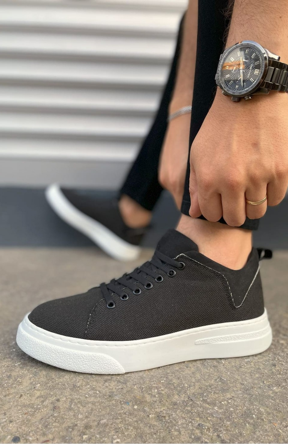 JY204 Flex Bağcıklı Keten Kumaş Erkek Günlük Sneaker Ayakkabı KBT - Siyah