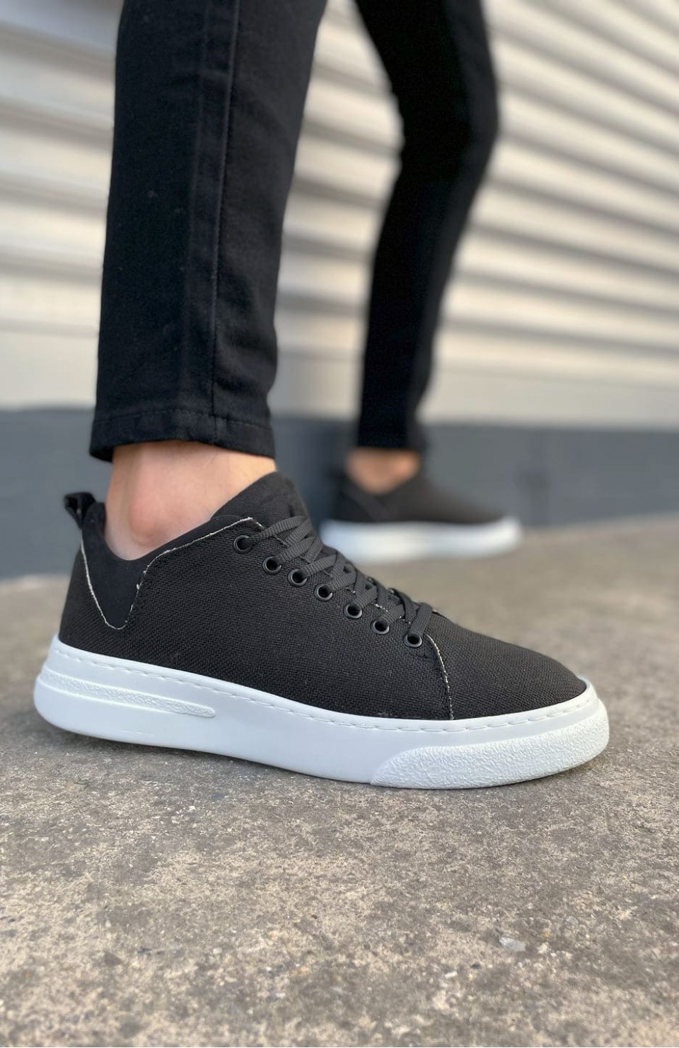 JY204 Flex Bağcıklı Keten Kumaş Erkek Günlük Sneaker Ayakkabı KBT - Siyah