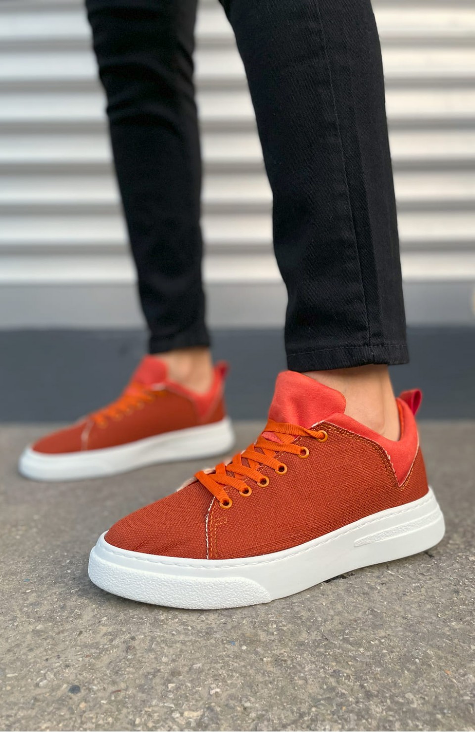 JY204 Flex Bağcıklı Keten Kumaş Erkek Günlük Sneaker Ayakkabı KBT - Turuncu