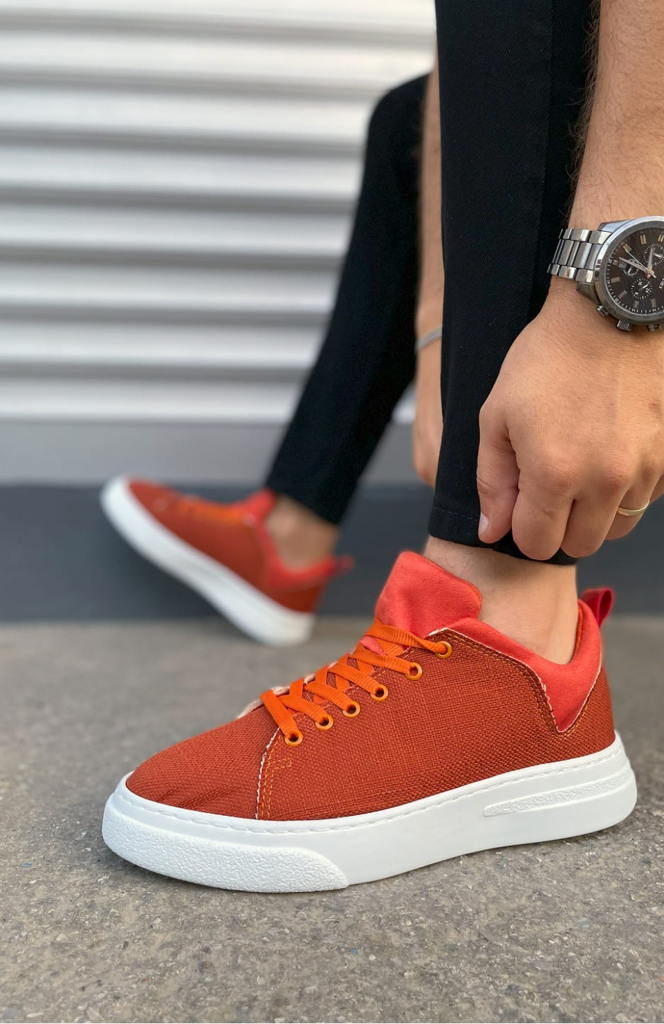 JY204 Flex Bağcıklı Keten Kumaş Erkek Günlük Sneaker Ayakkabı KBT - Turuncu