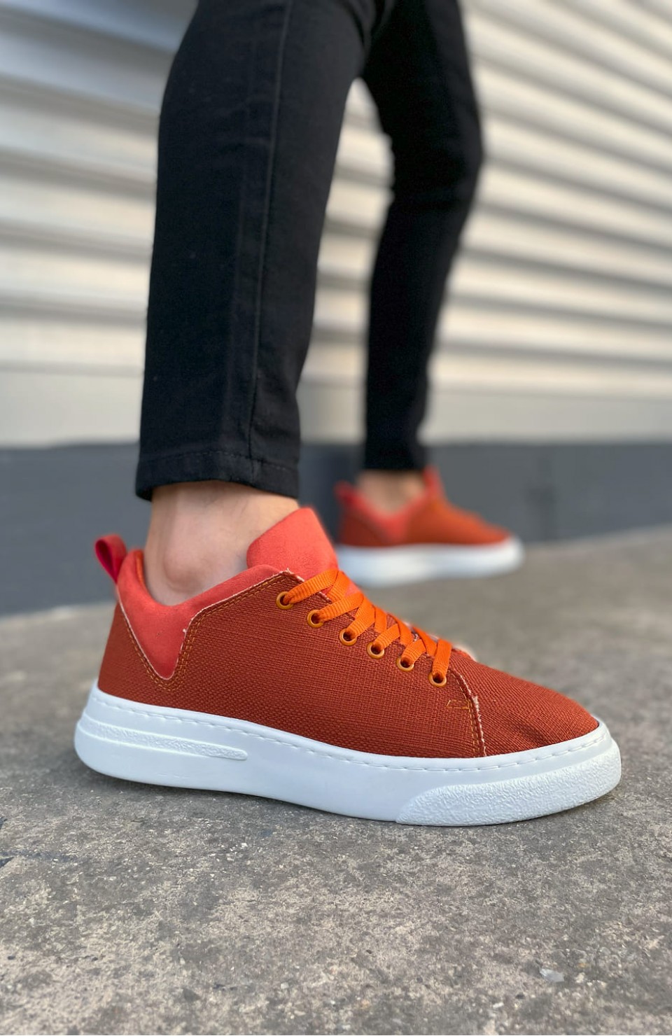 JY204 Flex Bağcıklı Keten Kumaş Erkek Günlük Sneaker Ayakkabı KBT - Turuncu