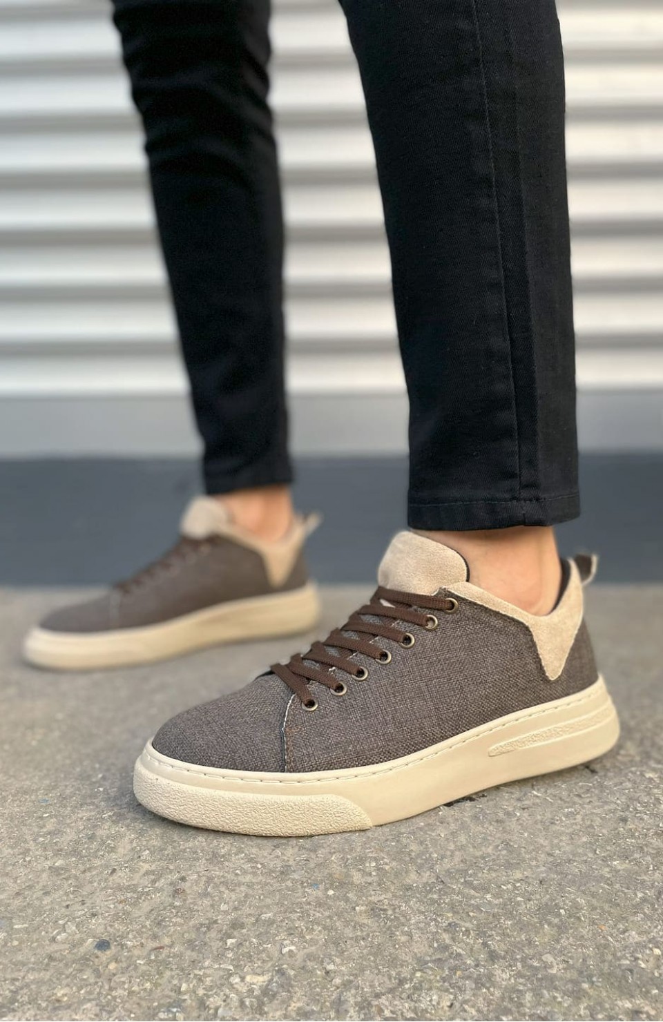 JY204 Flex Bağcıklı Keten Kumaş Erkek Günlük Sneaker Ayakkabı KKT - Kahverengi/Krem