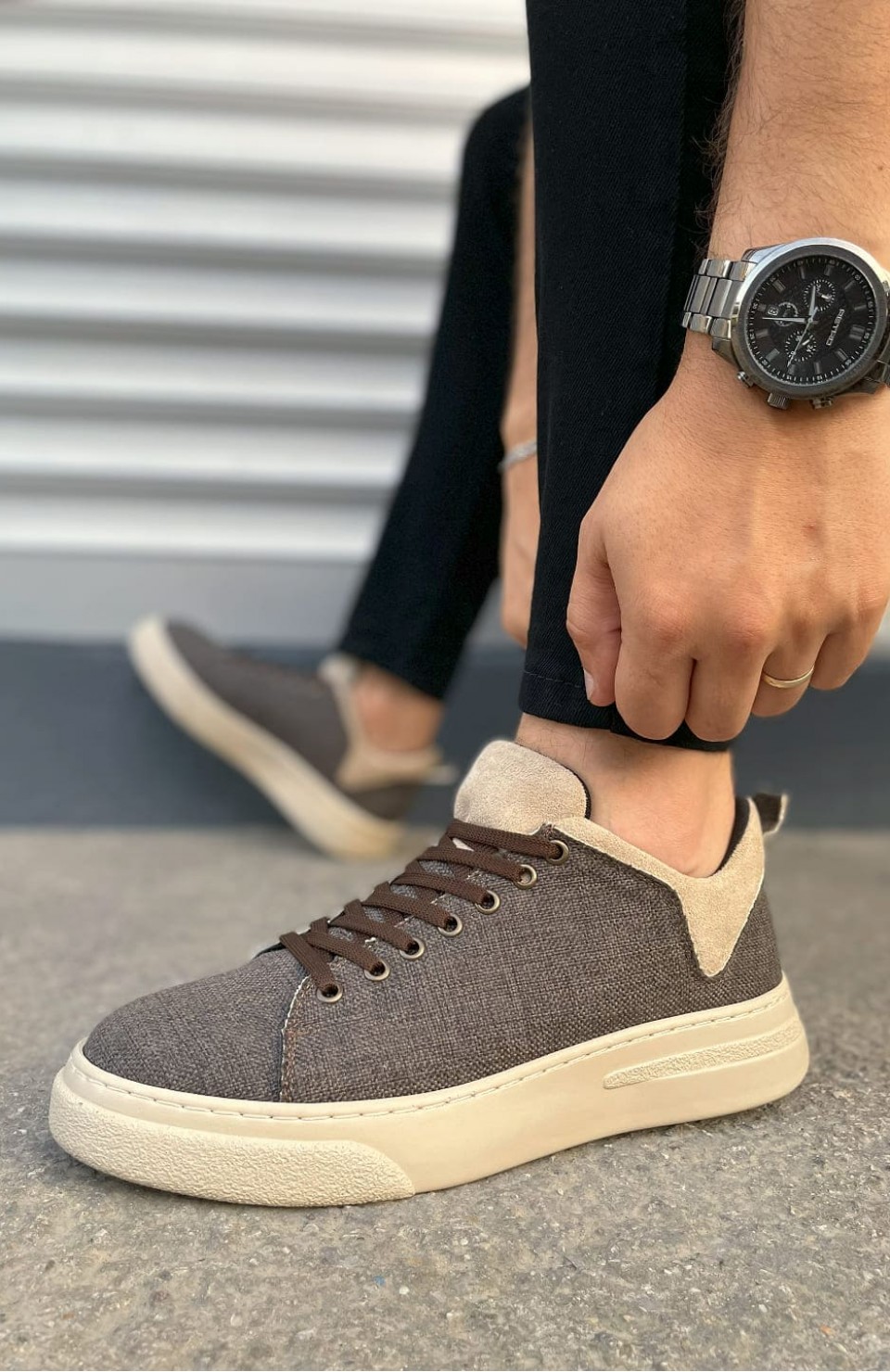 JY204 Flex Bağcıklı Keten Kumaş Erkek Günlük Sneaker Ayakkabı KKT - Kahverengi/Krem