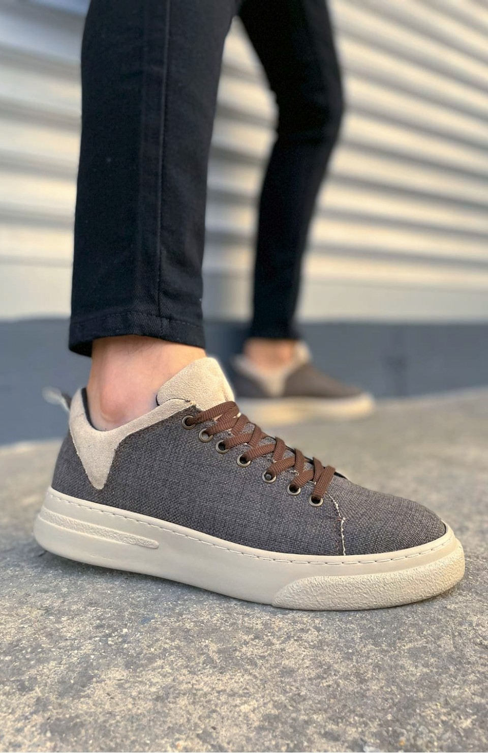 JY204 Flex Bağcıklı Keten Kumaş Erkek Günlük Sneaker Ayakkabı KKT - Kahverengi/Krem