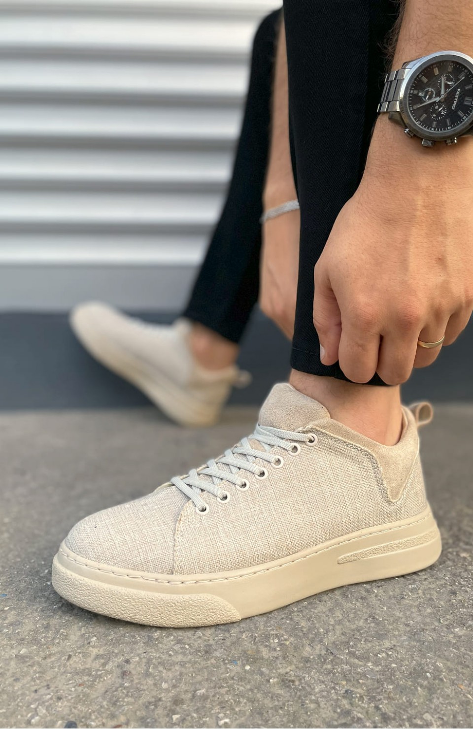 JY204 Flex Bağcıklı Keten Kumaş Erkek Günlük Sneaker Ayakkabı KKT - Krem