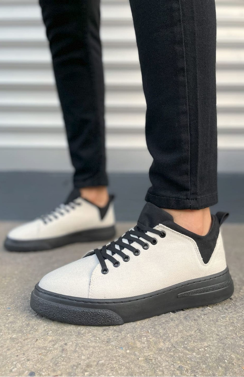 JY204 Flex Bağcıklı Keten Kumaş Erkek Günlük Sneaker Ayakkabı KST - Beyaz/Siyah