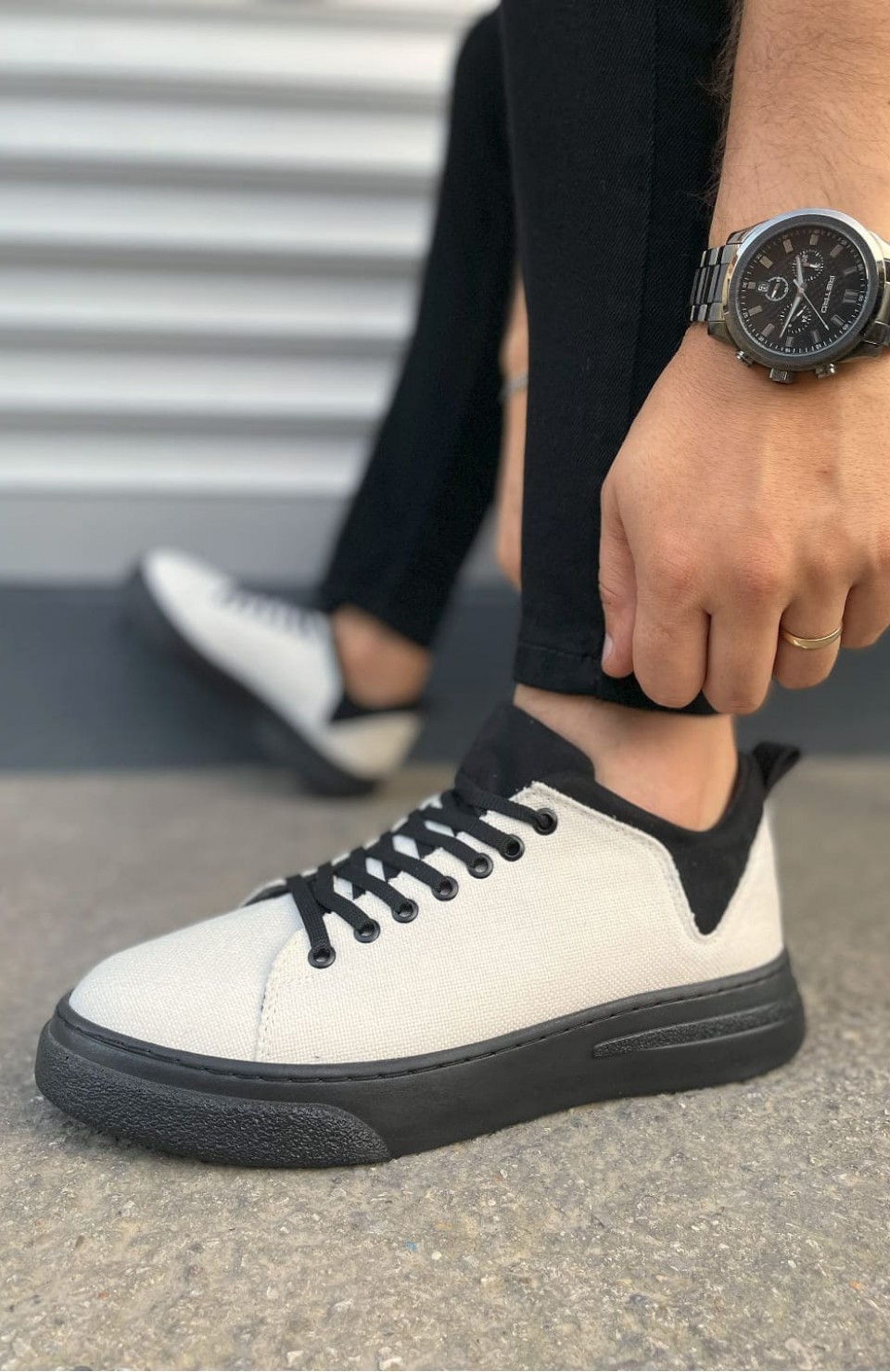 JY204 Flex Bağcıklı Keten Kumaş Erkek Günlük Sneaker Ayakkabı KST - Beyaz/Siyah