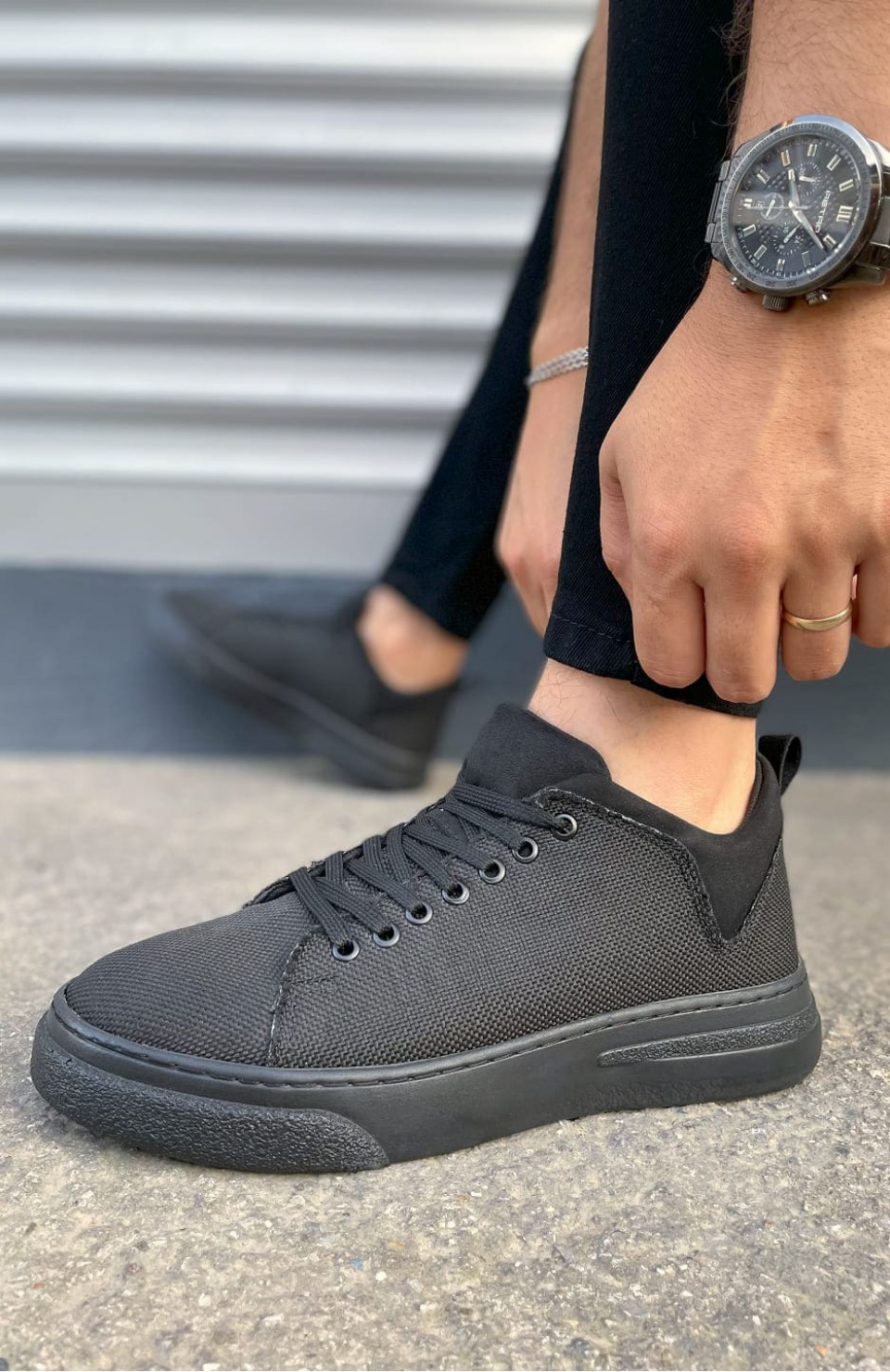 JY204 Flex Bağcıklı Keten Kumaş Erkek Günlük Sneaker Ayakkabı KST - Siyah