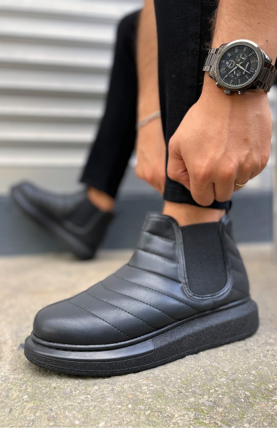 JY205 Boston Bağcıksız Ortopedik Taban Cilt Erkek Spor Bot CST - Siyah