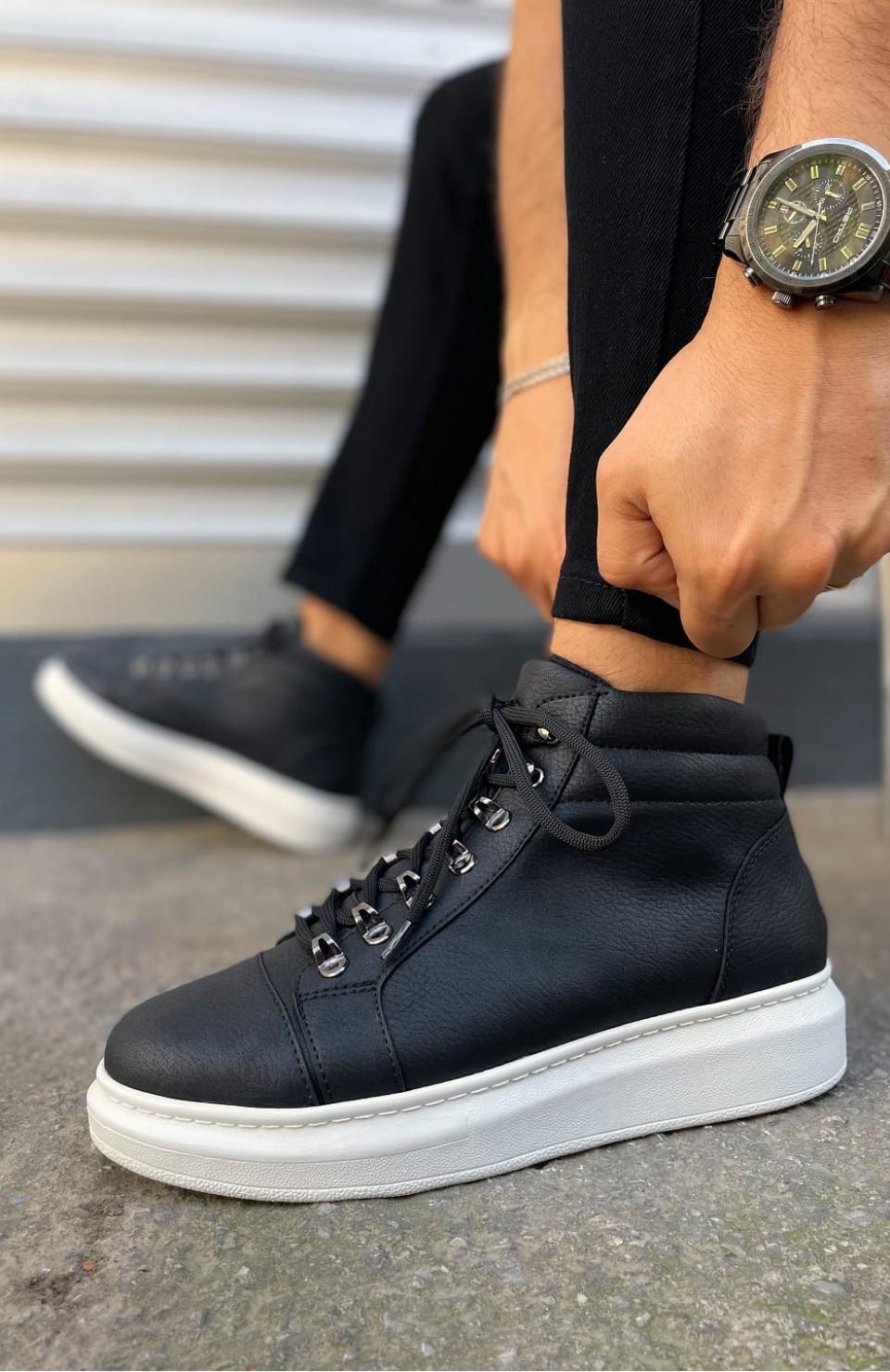 JY206 Ottawa Bağcıklı Ortopedik Taban Cilt Erkek Spor Bot CBT - Siyah