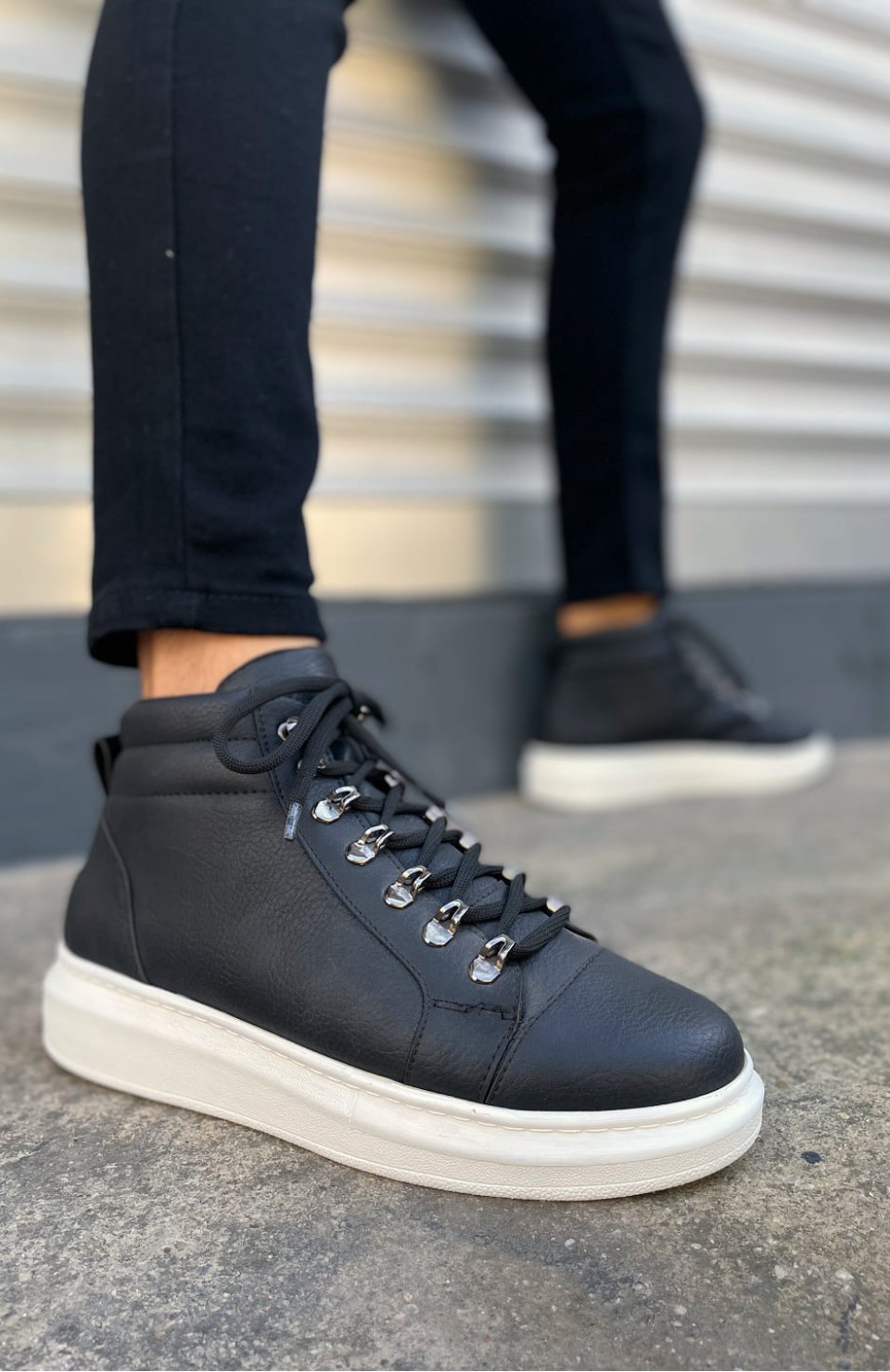 JY206 Ottawa Bağcıklı Ortopedik Taban Cilt Erkek Spor Bot CBT - Siyah