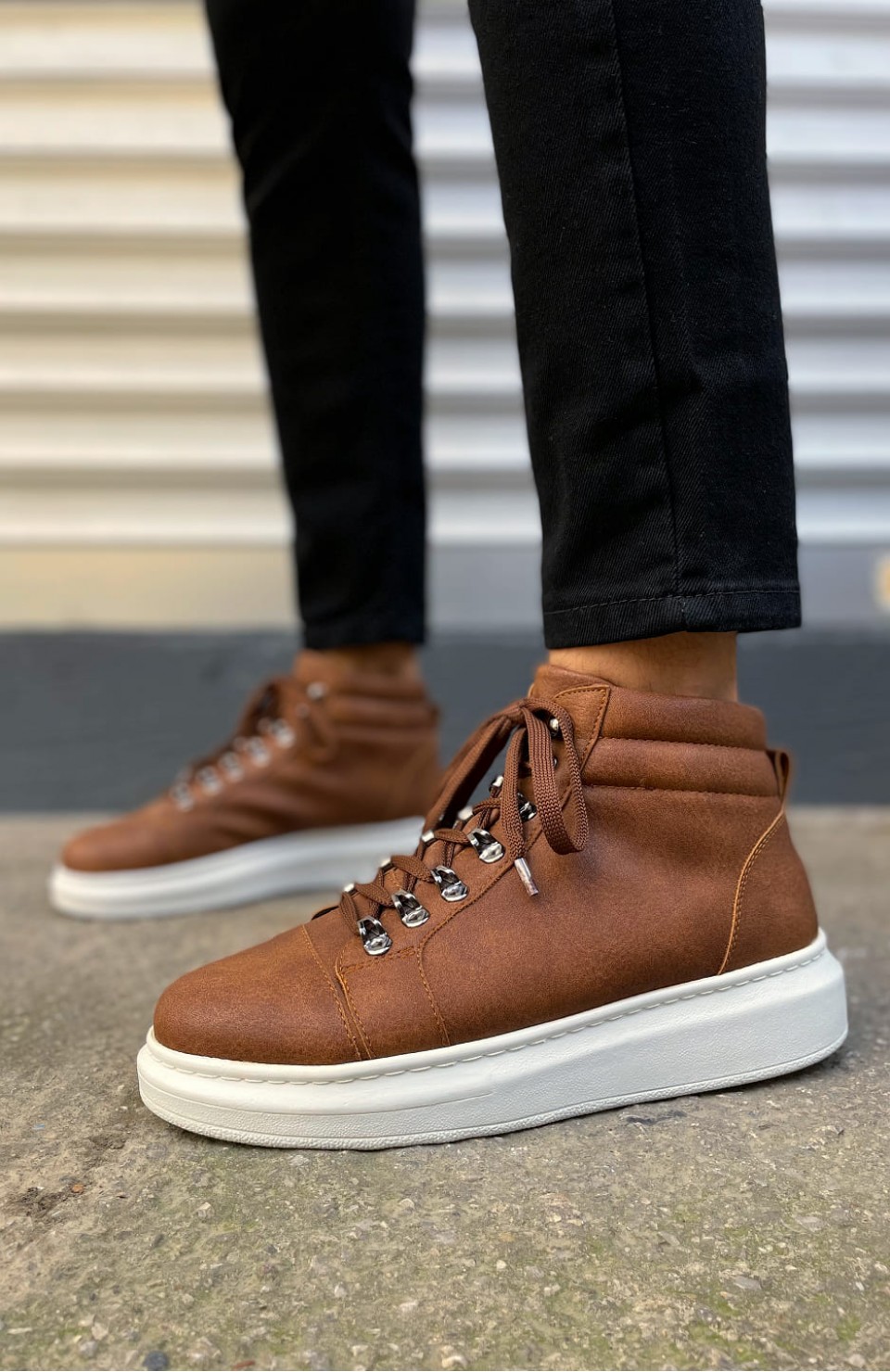 JY206 Ottawa Bağcıklı Ortopedik Taban Cilt Erkek Spor Bot CBT - Taba