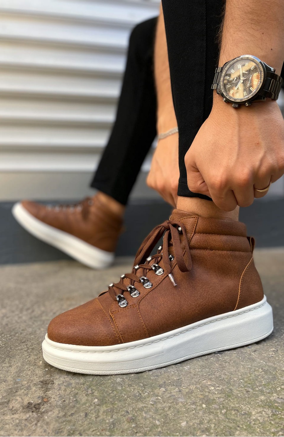 JY206 Ottawa Bağcıklı Ortopedik Taban Cilt Erkek Spor Bot CBT - Taba