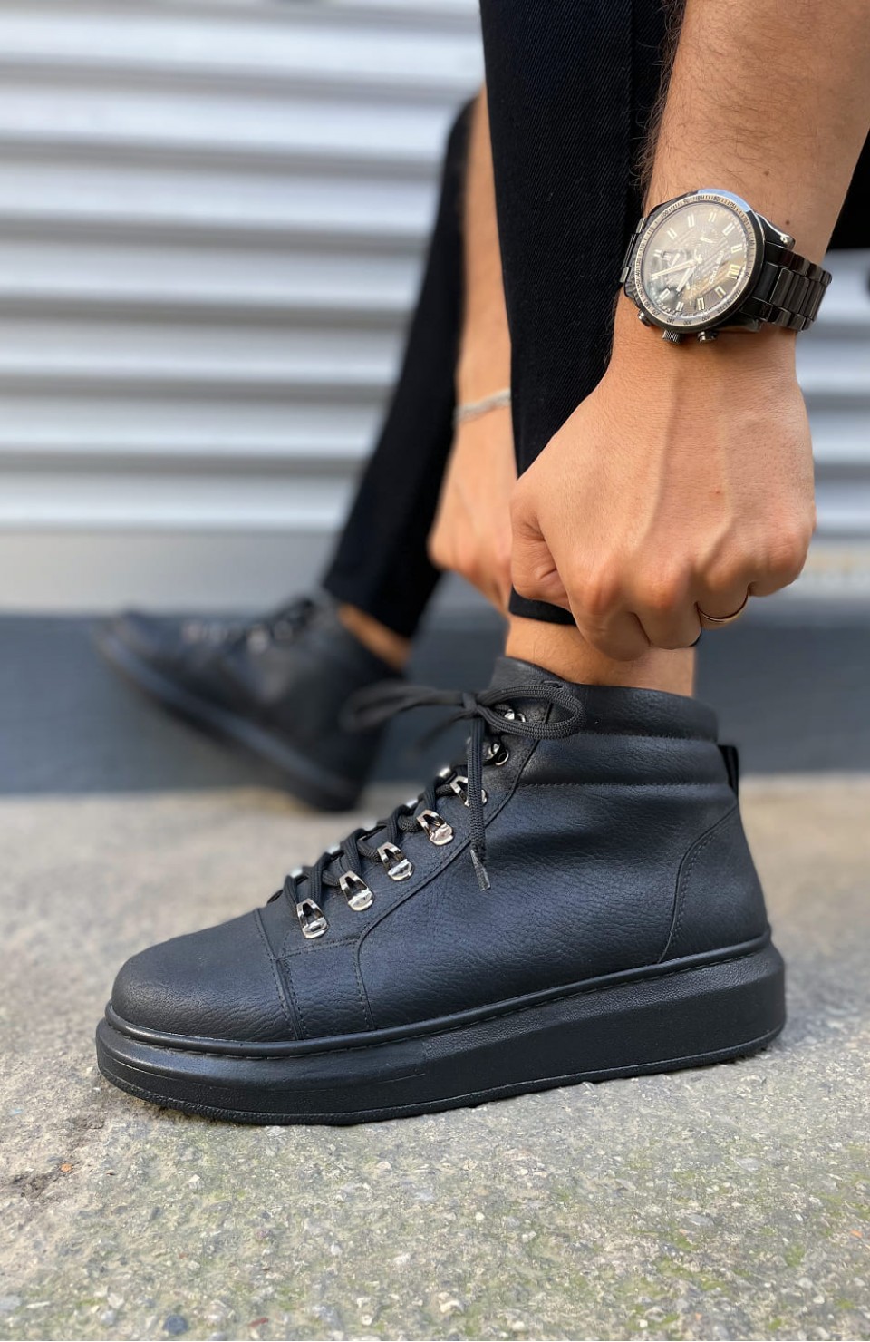 JY206 Ottawa Bağcıklı Ortopedik Taban Cilt Erkek Spor Bot CST - Siyah