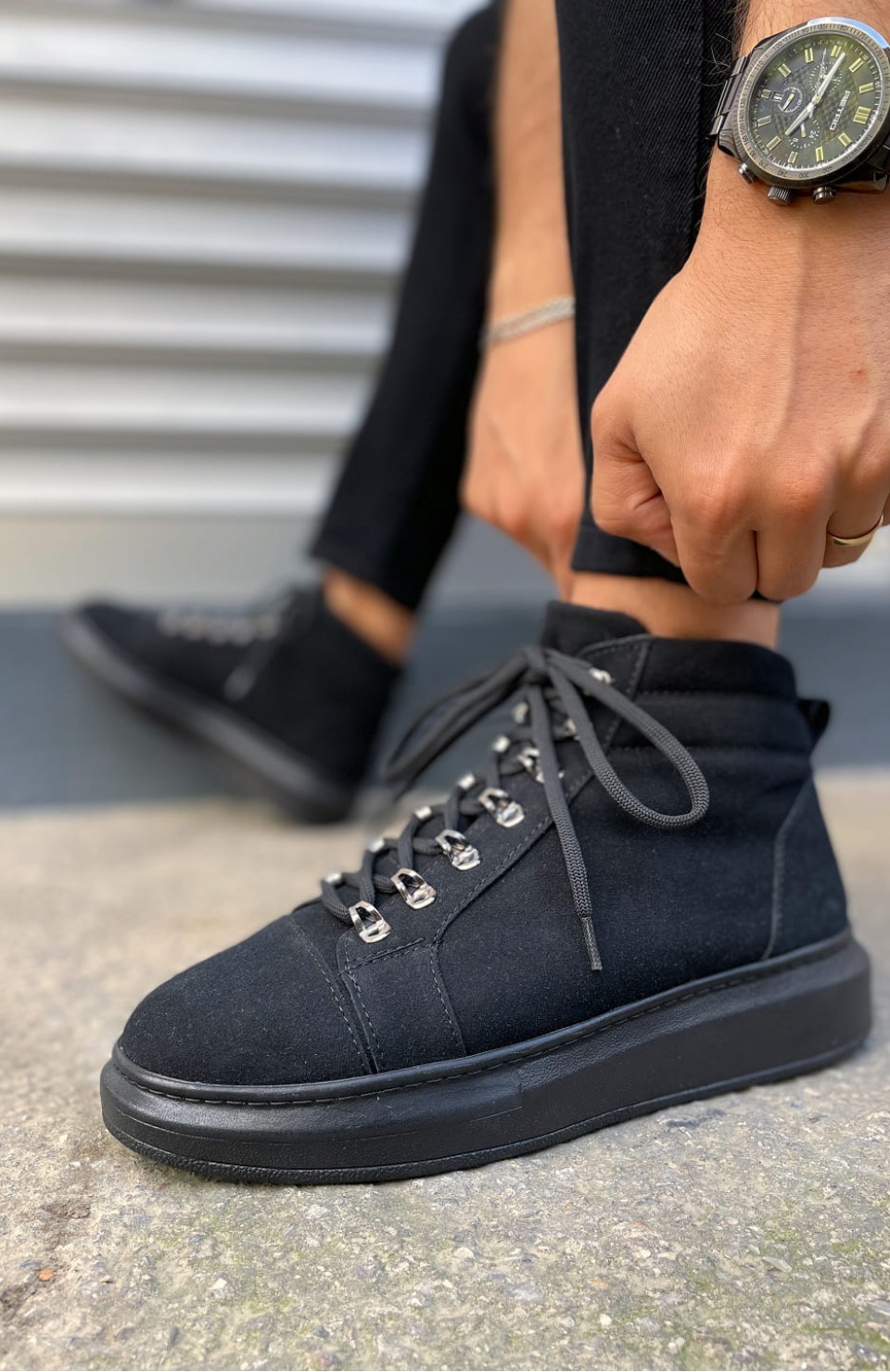 JY206 Ottawa Bağcıklı Ortopedik Taban Süet Erkek Spor Bot SST - Siyah