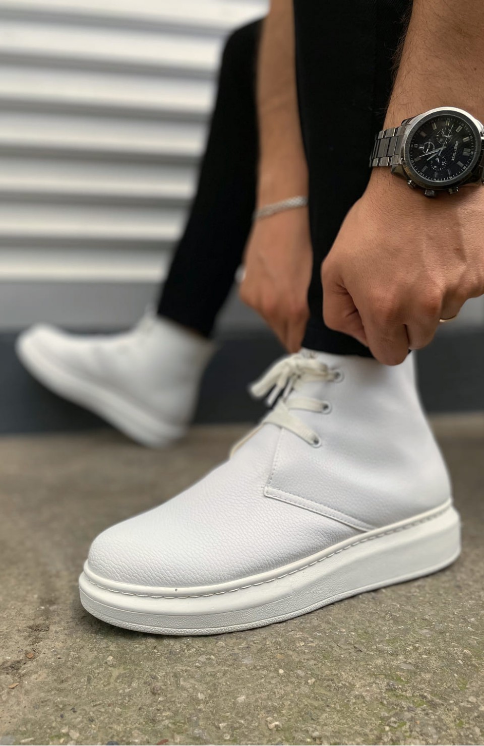 JY207 Oslo Bağcıklı Ortopedik Taban Cilt Erkek Spor Bot CBT - Beyaz