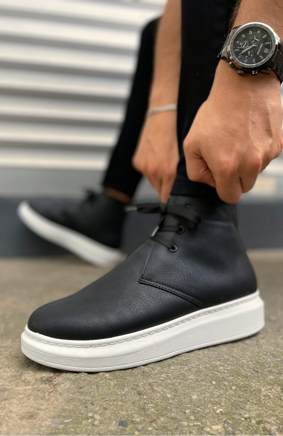 JY207 Oslo Bağcıklı Ortopedik Taban Cilt Erkek Spor Bot CBT - Siyah