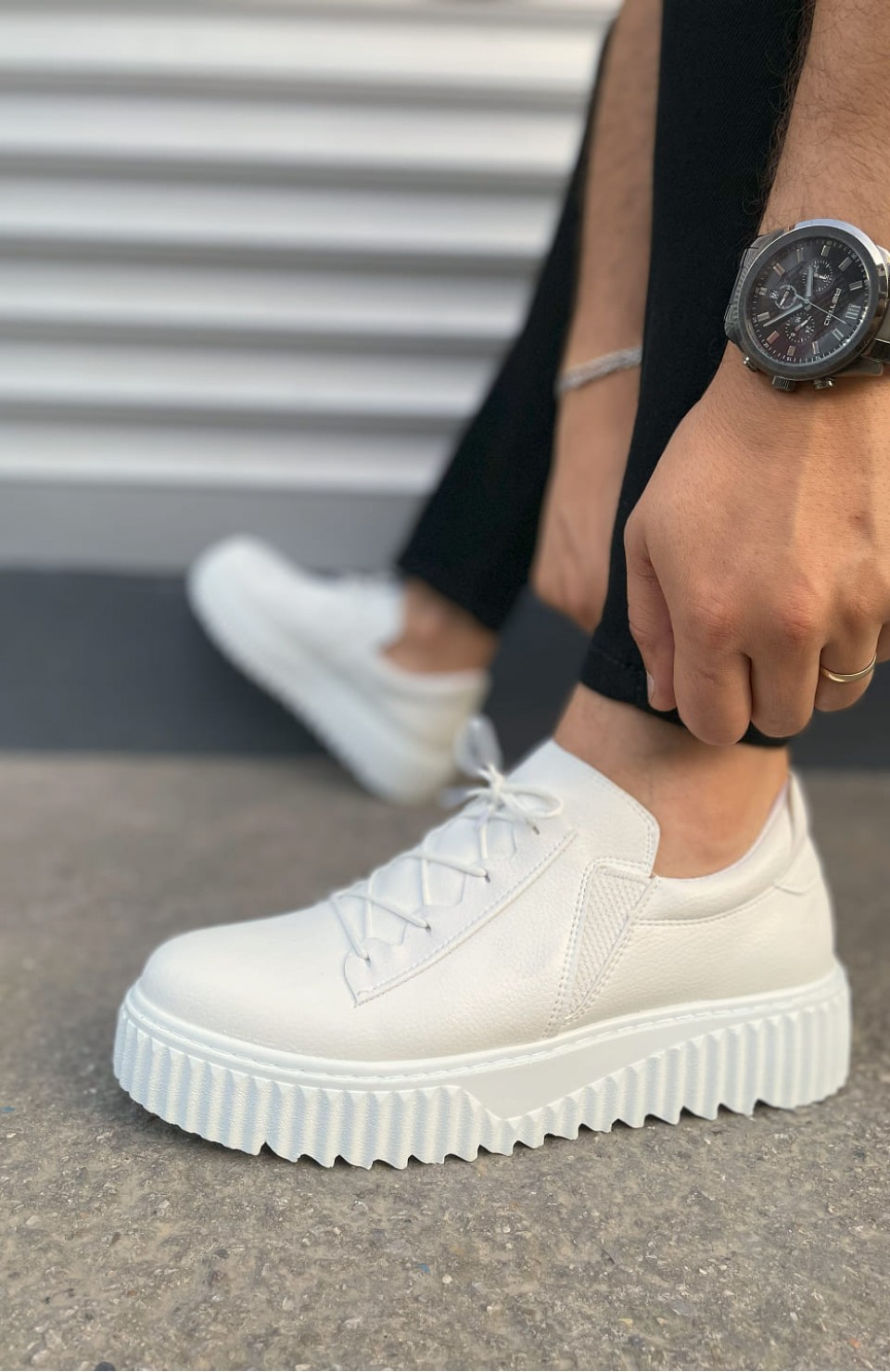 JY502 Bold Bağcıklı Cilt Erkek Günlük Sneaker Ayakkabı CBT - Beyaz