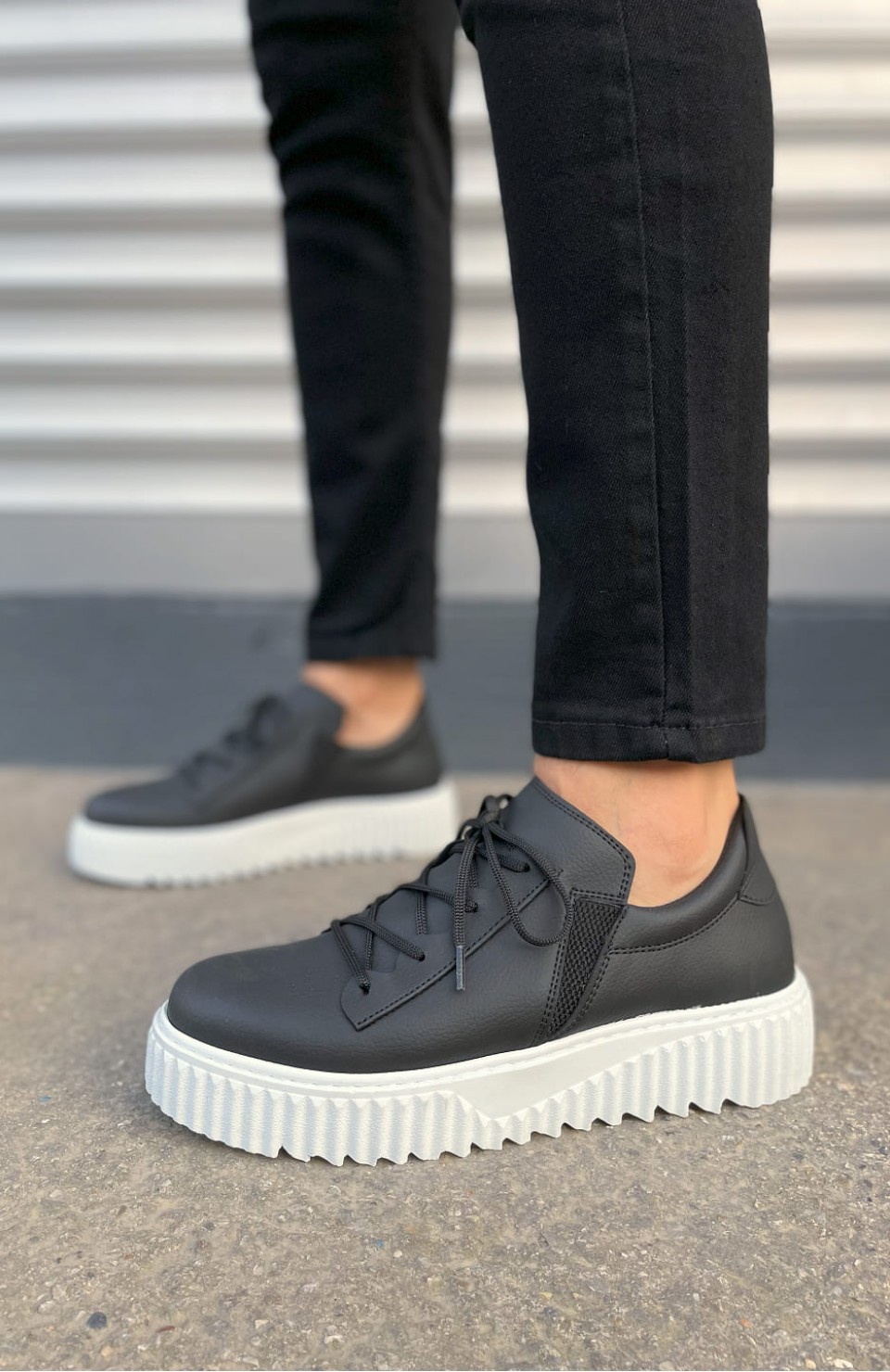 JY502 Bold Bağcıklı Cilt Erkek Günlük Sneaker Ayakkabı CBT - Siyah