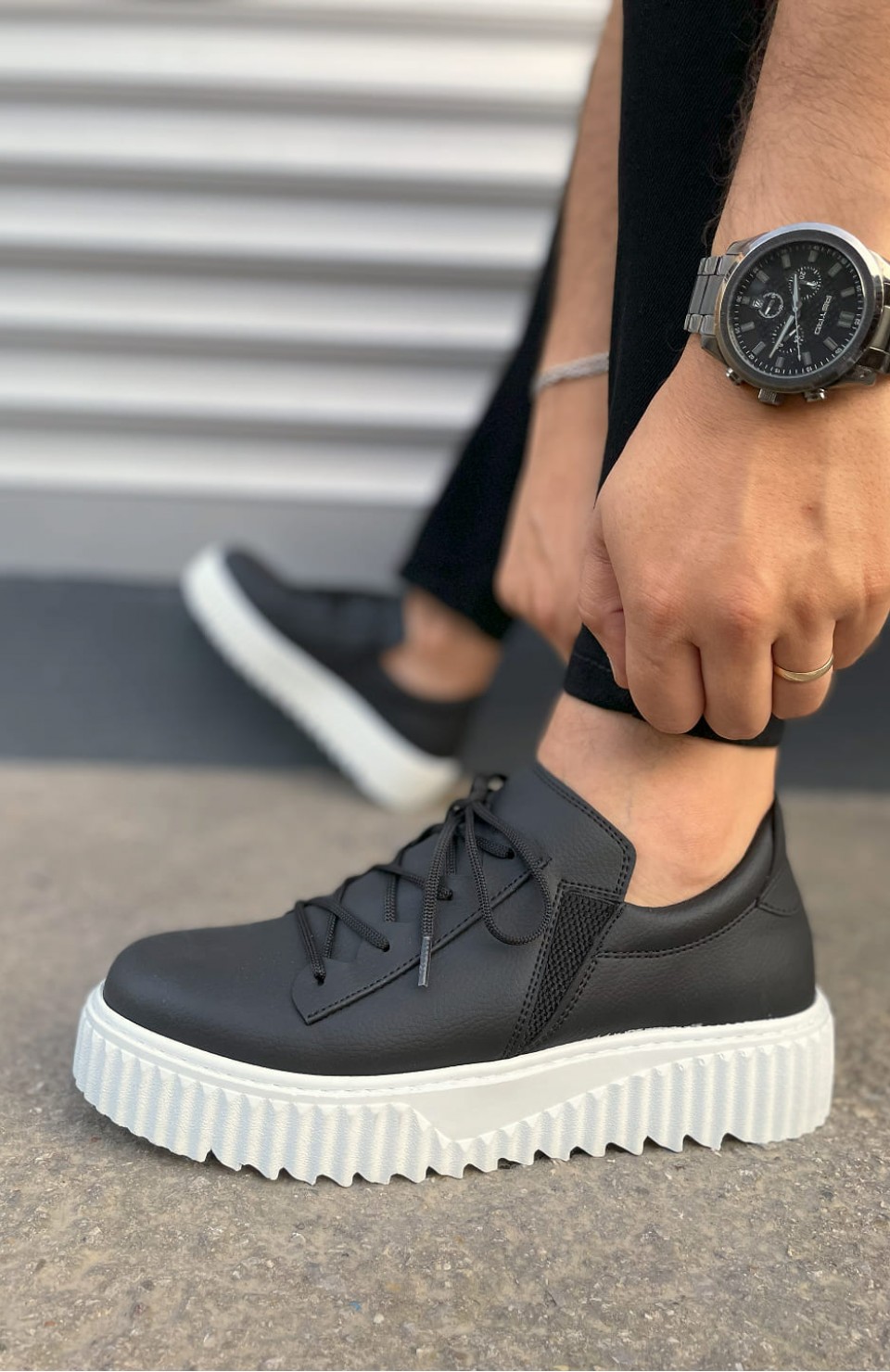 JY502 Bold Bağcıklı Cilt Erkek Günlük Sneaker Ayakkabı CBT - Siyah