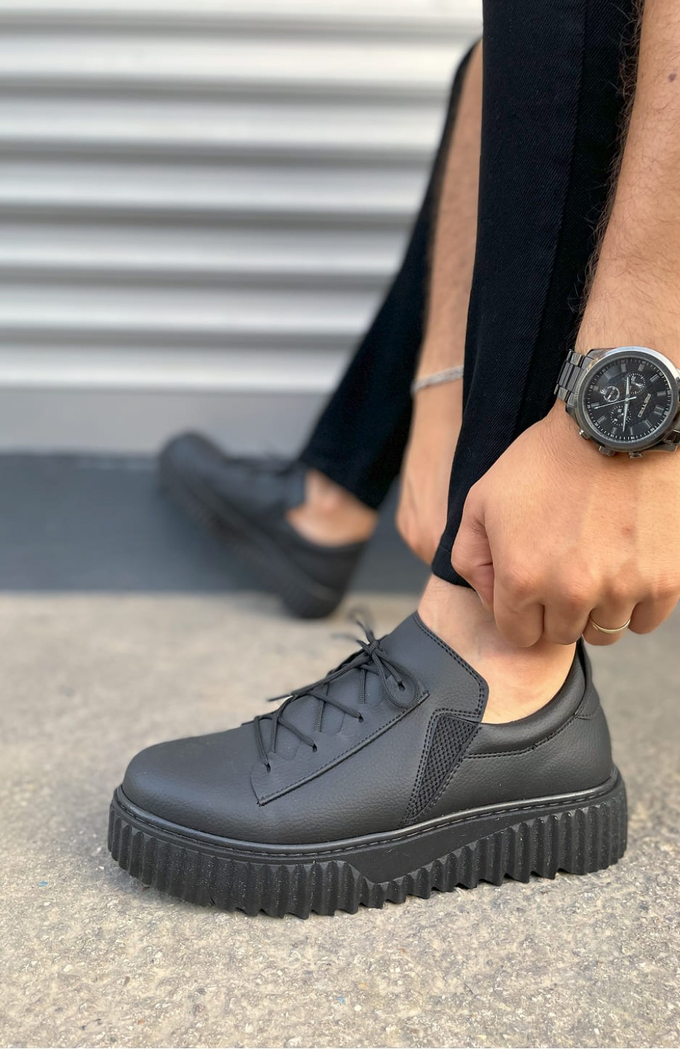 JY502 Bold Bağcıklı Cilt Erkek Günlük Sneaker Ayakkabı CST - Siyah