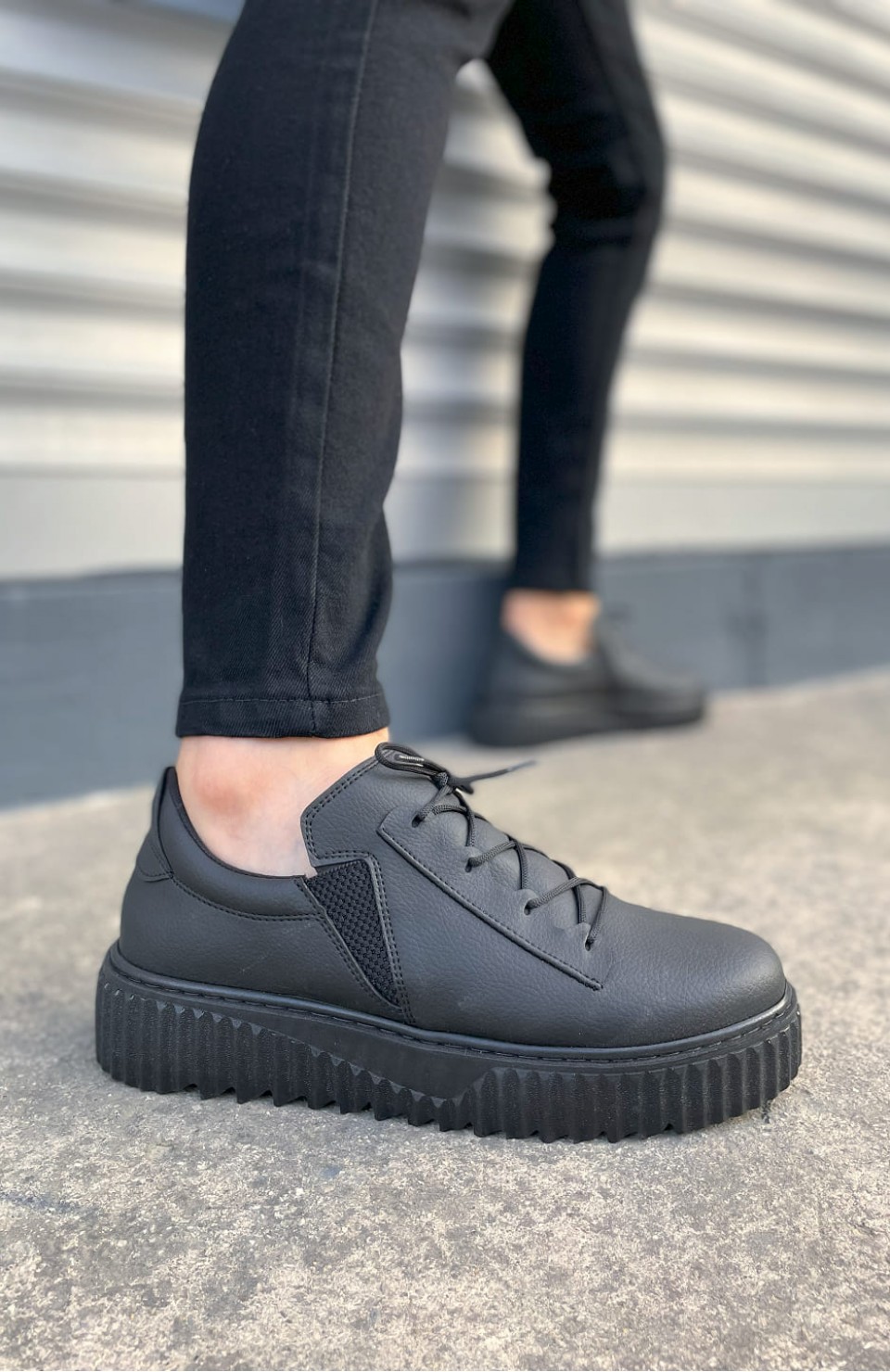 JY502 Bold Bağcıklı Cilt Erkek Günlük Sneaker Ayakkabı CST - Siyah