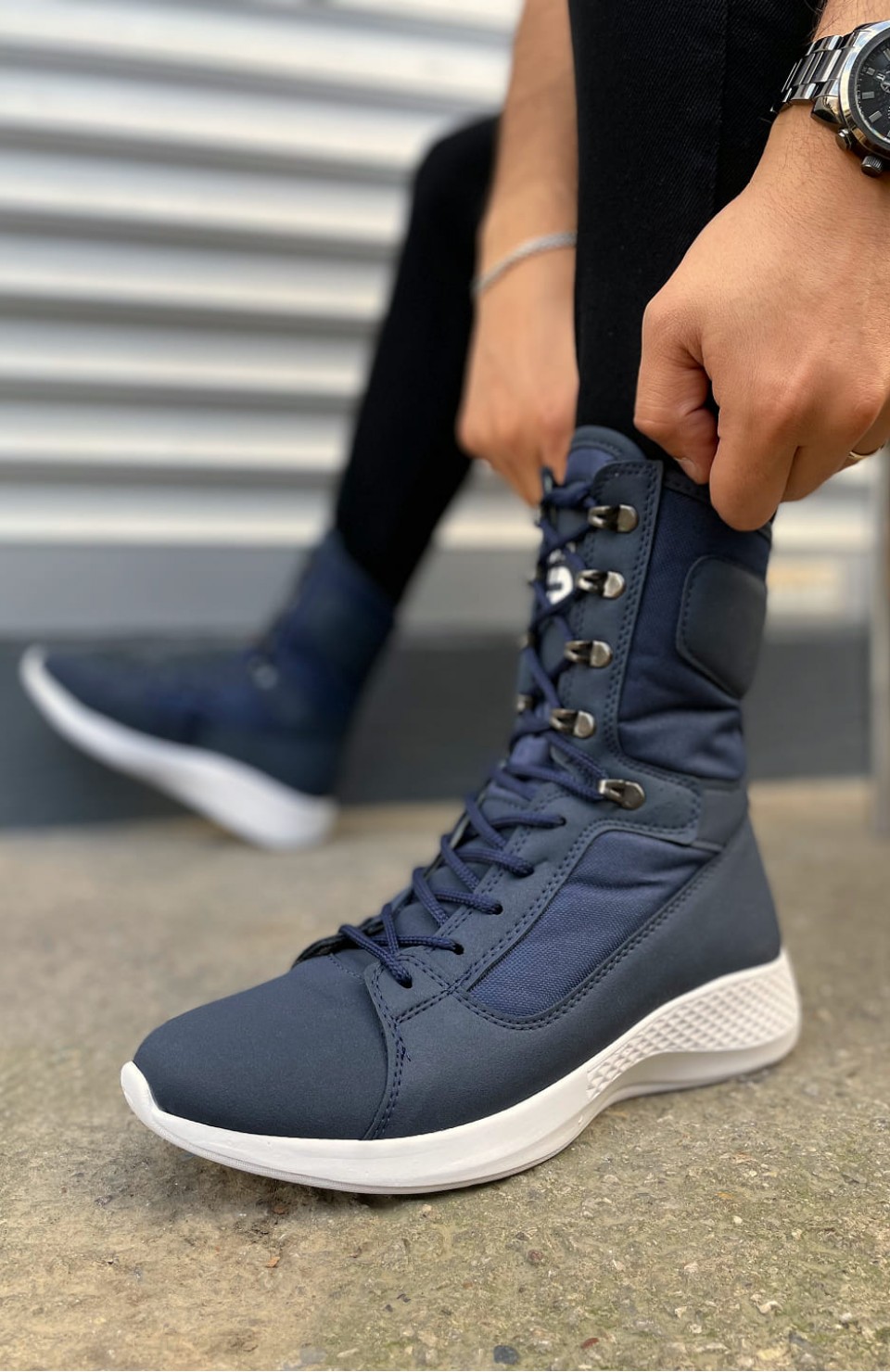 JY799 Verton Bağcıklı Ortopedik Taban Günlük Cilt Erkek Askeri Postal Bot CBT Lacivert