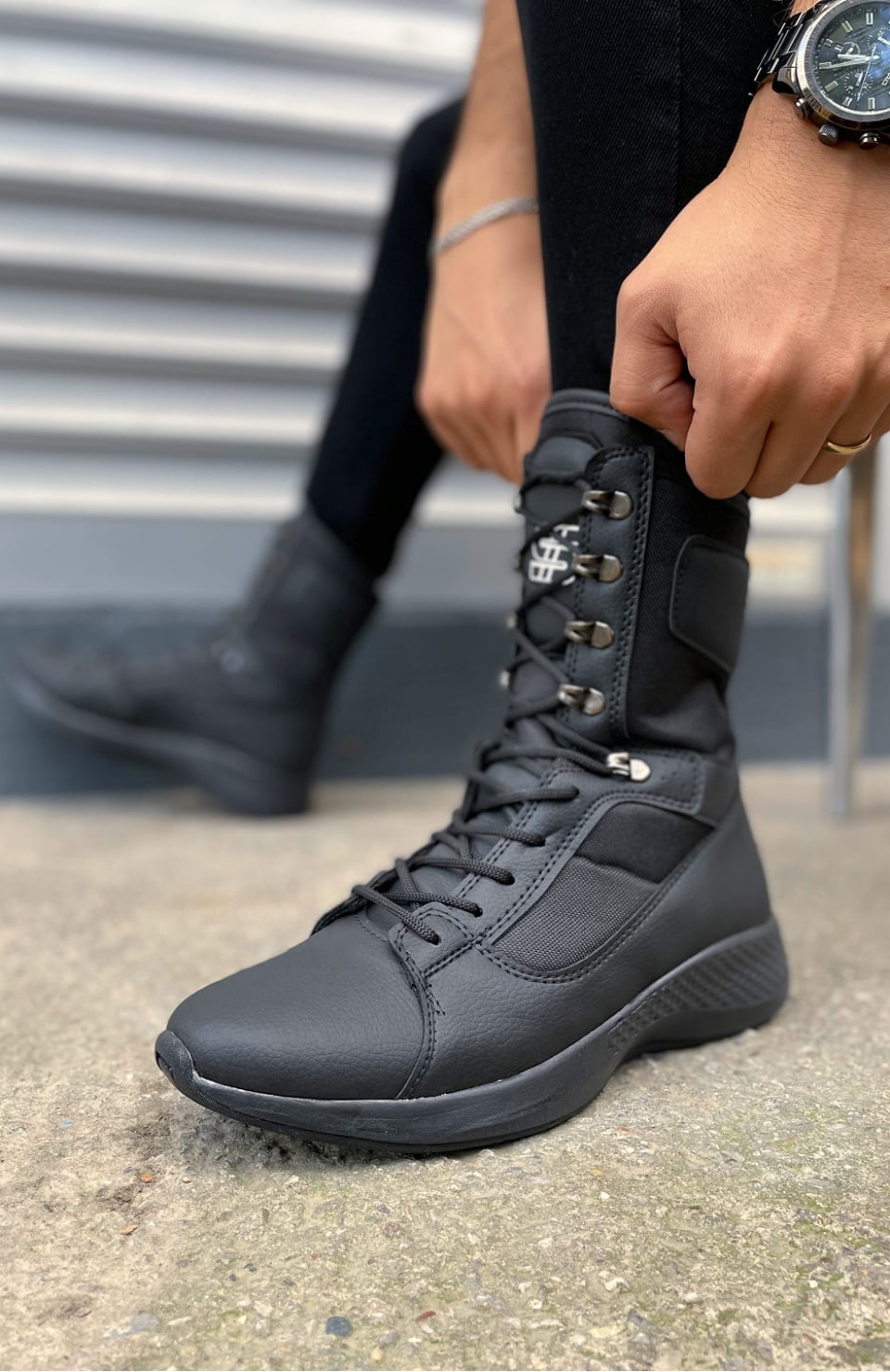 JY799 Verton Bağcıklı Ortopedik Taban Günlük Cilt Erkek Askeri Postal Bot CST Siyah