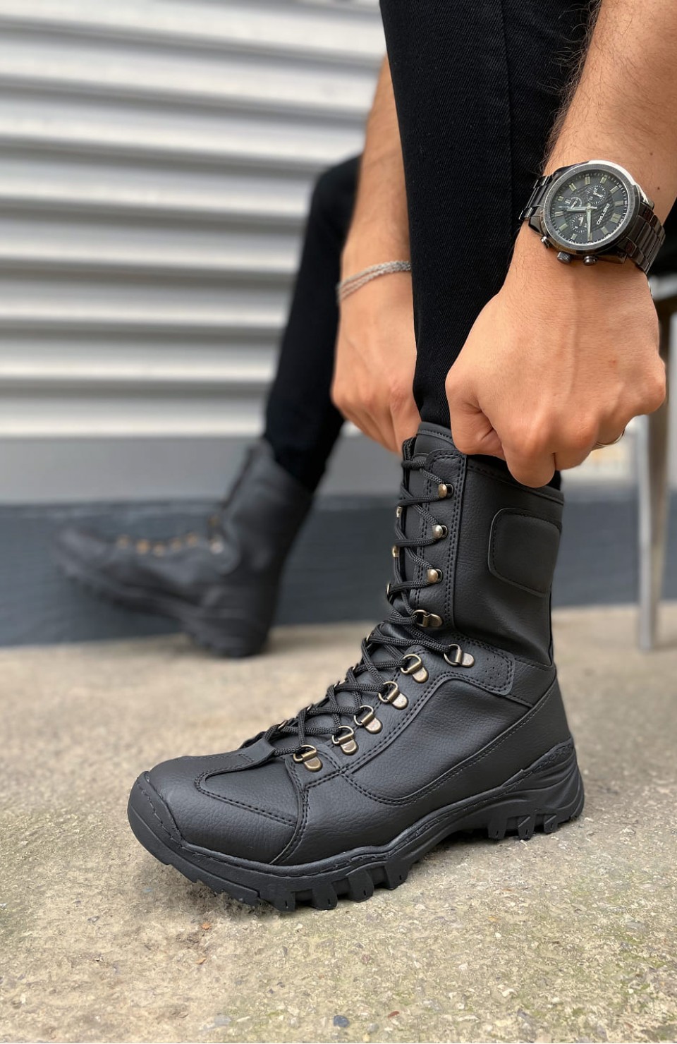 JY999 Strike Bağcıklı Ortopedik Taban Günlük Cilt Erkek Askeri Postal Bot CST Siyah